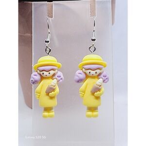 Yellow Raincoat Girl Resin Drop Earrings Lavender Hair Whimsical Novelty